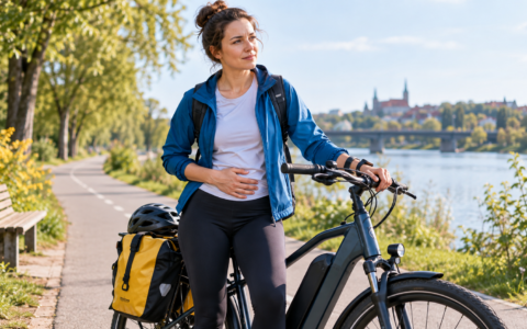 Kobieta z rowerem elektrycznym podczas postoju na ścieżce rowerowej nad rzeką – jazda na rowerze podczas okresu