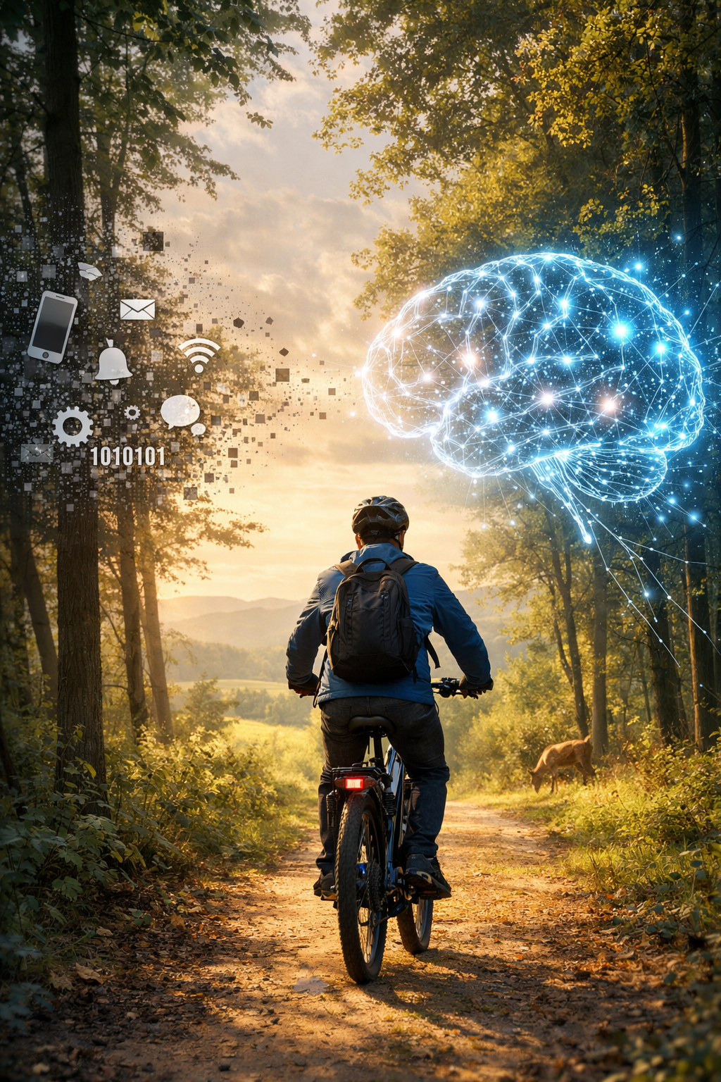Detoks cyfrowy a rower elektryczny – rowerzysta jadący e-bike przez spokojną leśną ścieżkę, symbol resetu mózgu i odcięcia od technologii w naturalnym otoczeniu