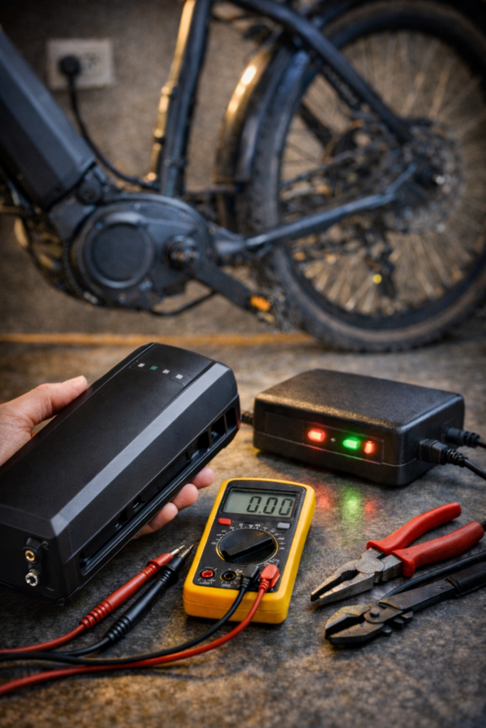 Akumulator roweru elektrycznego nie ładuje się – diagnostyka baterii e-bike z ładowarką i multimetrem na stole serwisowym.