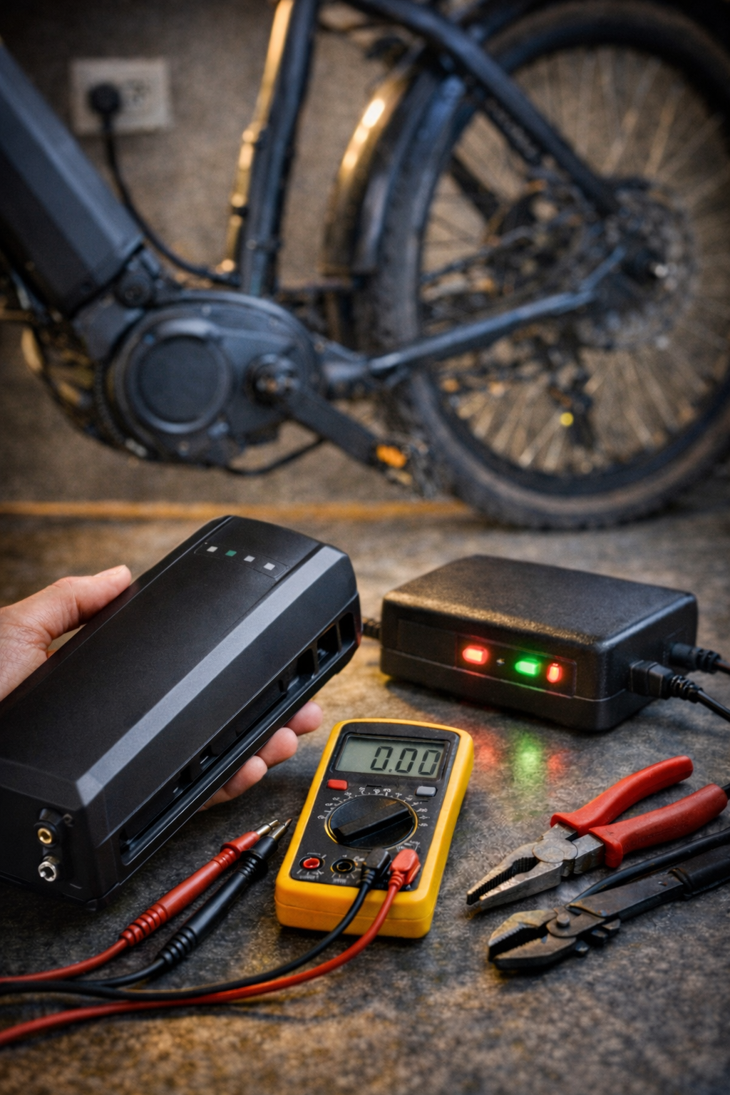 Akumulator roweru elektrycznego nie ładuje się – diagnostyka baterii e-bike z ładowarką i multimetrem na stole serwisowym.