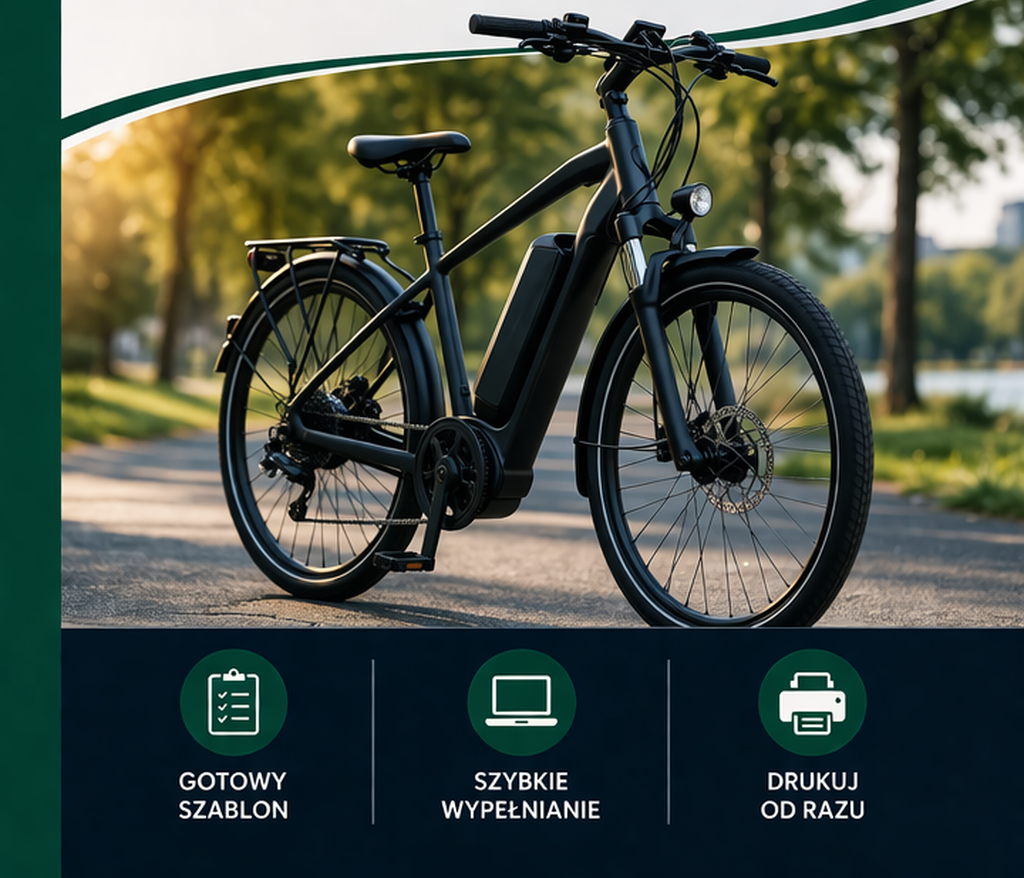 Generator umowy kupna-sprzedaży roweru elektrycznego – pionowa okładka przedstawiająca nowoczesny czarny rower elektryczny stojący na drodze w parku, z nagłówkiem „Generator umowy kupna-sprzedaży roweru elektrycznego – wypełnij i drukuj”, ikoną dokumentu z długopisem oraz sekcją z ikonami symbolizującymi gotowy szablon, szybkie wypełnianie i drukowanie.