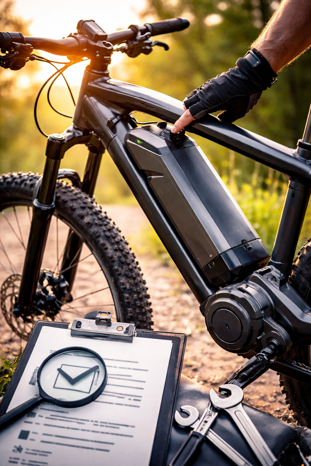 Gwarancja na rower elektryczny – zbliżenie na nowoczesny e-bike z baterią i silnikiem centralnym podczas kontroli dokumentów gwarancyjnych i serwisu