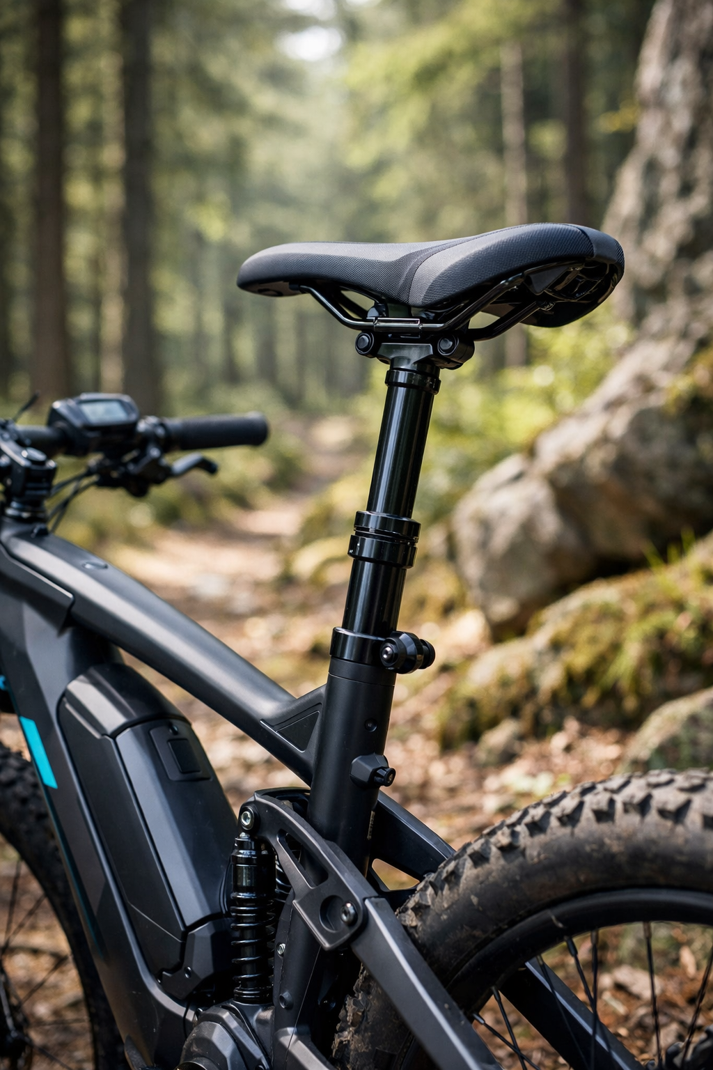 Hydrauliczna sztyca podsiodłowa w rowerze elektrycznym – teleskopowa sztyca dropper post z siodełkiem w elektrycznym rowerze górskim e-MTB stojącym na leśnej ścieżce, z widoczną baterią w ramie i tylnym amortyzatorem.