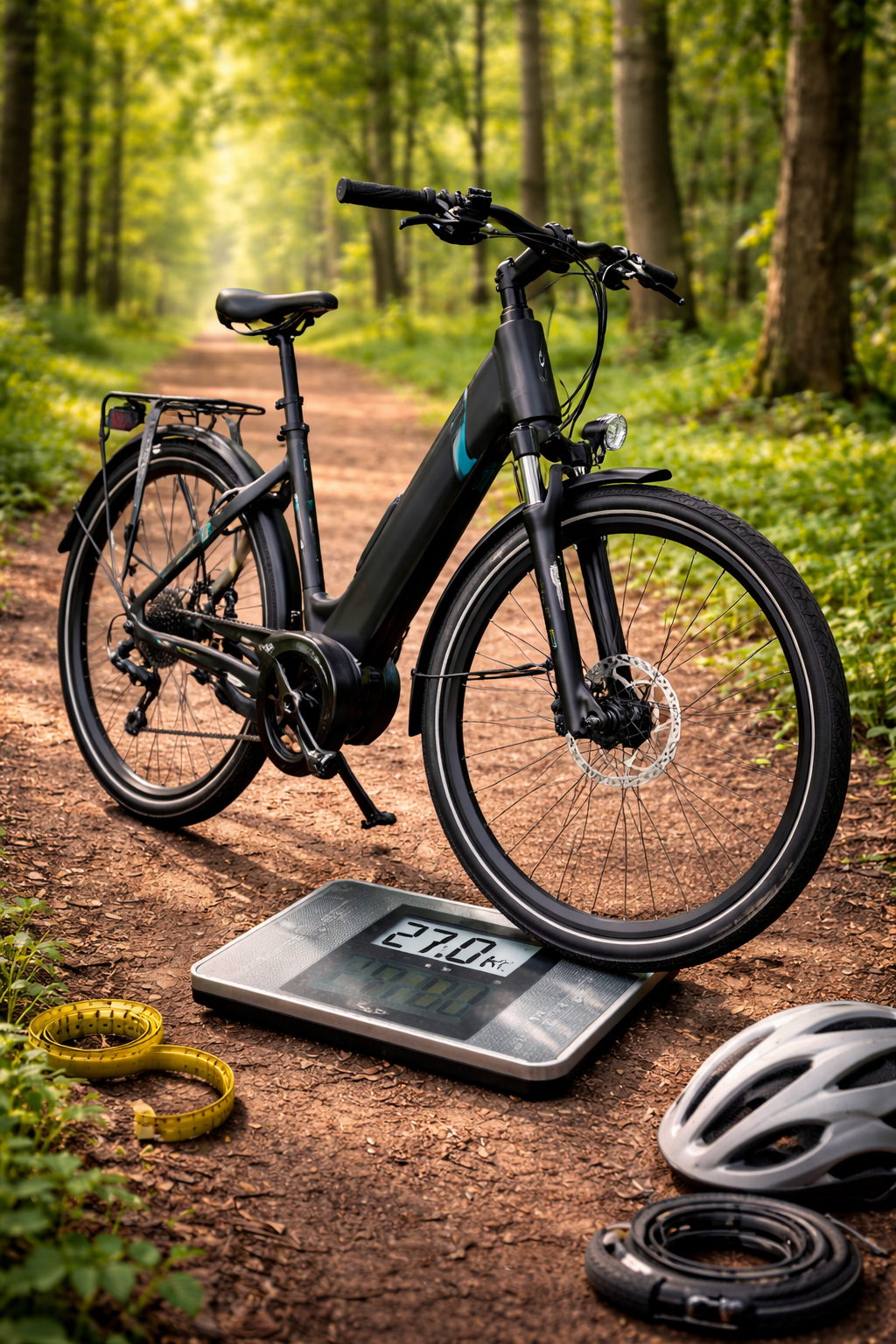 rower elektryczny trekkingowy z baterią w ramie stojący na wadze – ilustracja pokazująca ile waży rower elektryczny w praktyce