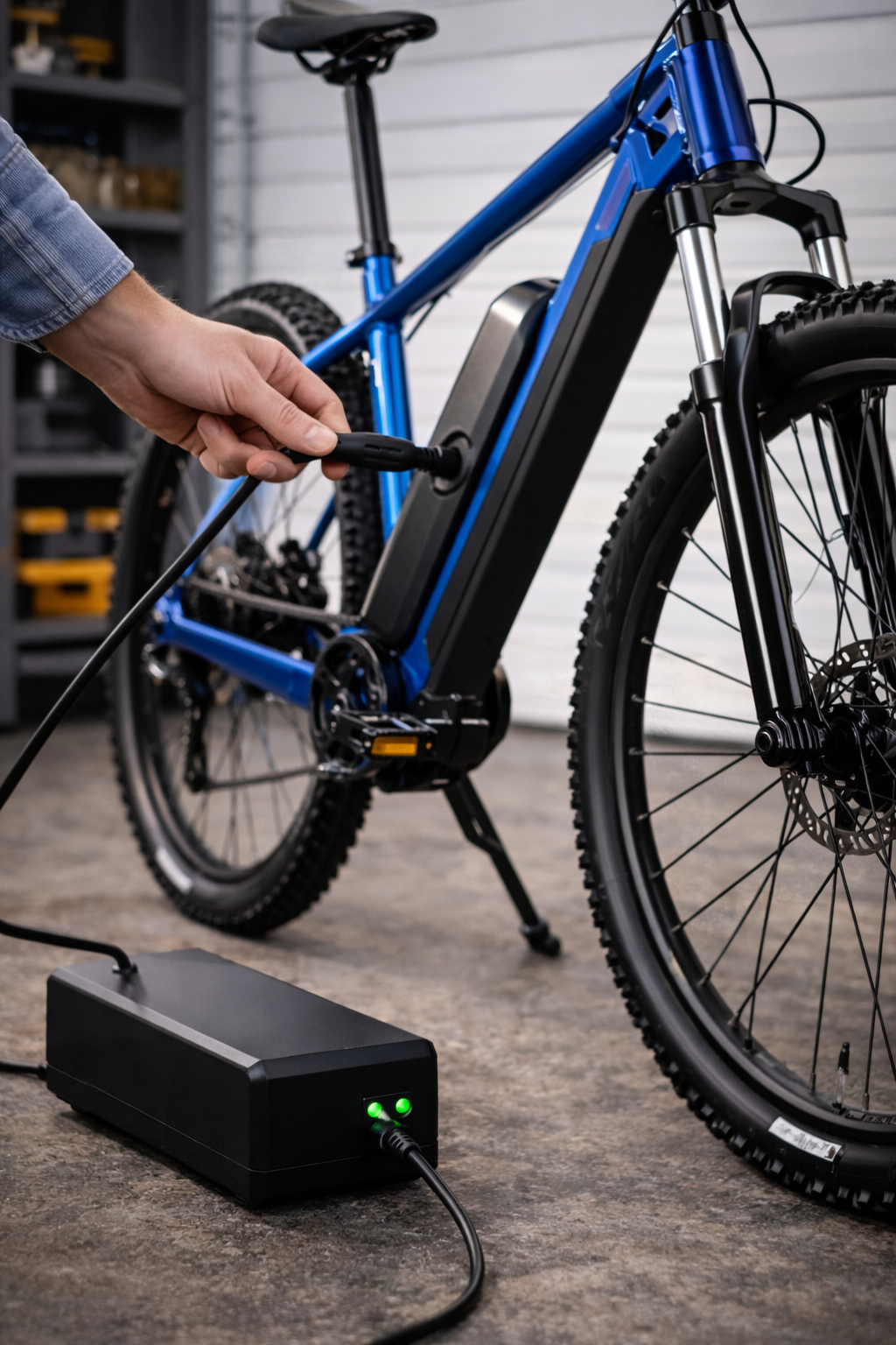 Jak podłączyć ładowarkę do roweru elektrycznego. Nowoczesny rower elektryczny podczas podłączania ładowarki