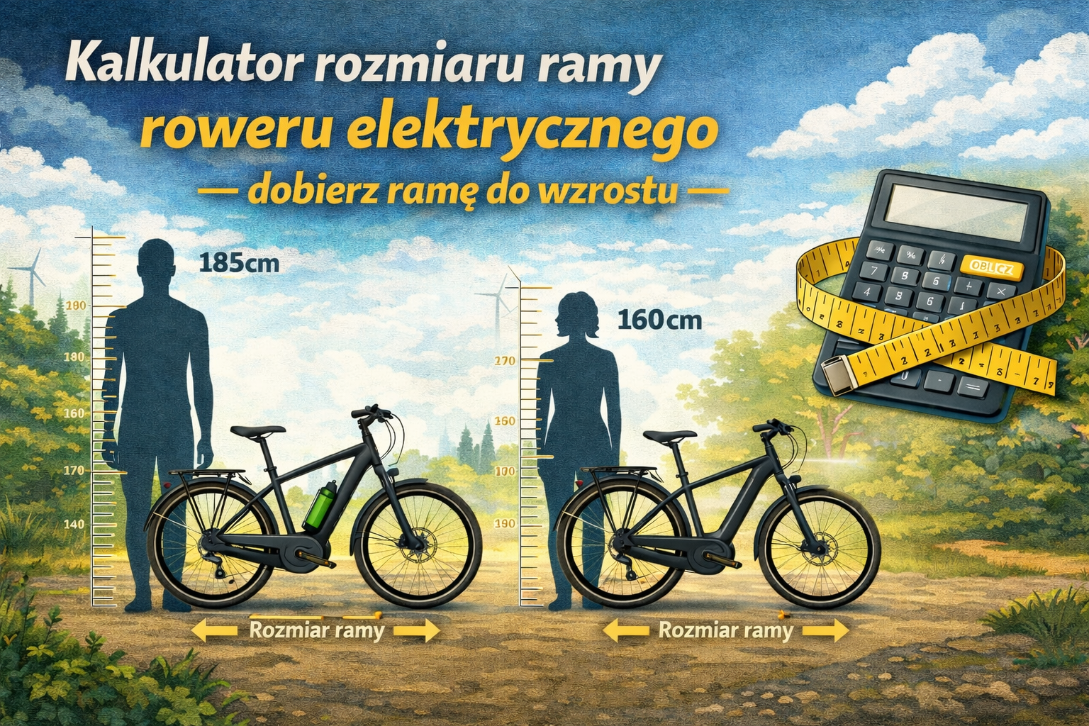 Pozioma grafika przedstawiająca kalkulator rozmiaru ramy roweru elektrycznego, pokazująca jak dobrać odpowiednią ramę e-bike’a do wzrostu użytkownika. Na ilustracji widoczne są dwie sylwetki osób – jedna o wzroście 185 cm i druga 160 cm – ustawione obok nowoczesnych rowerów elektrycznych z nisko poprowadzoną ramą i zintegrowaną baterią. Obok każdej sylwetki znajduje się pionowa miarka wzrostu oraz strzałki wskazujące dopasowanie rozmiaru ramy do użytkownika. Po prawej stronie widoczny jest kalkulator owinięty miarką krawiecką, symbolizujący obliczanie odpowiedniego rozmiaru ramy roweru elektrycznego. W tle znajduje się naturalny krajobraz z drzewami, ścieżką oraz elementami nowoczesnej infrastruktury. Na górze grafiki umieszczony jest tytuł: Kalkulator rozmiaru ramy roweru elektrycznego – dobierz ramę do wzrostu. Ilustracja obrazuje proces dopasowania roweru elektrycznego do wzrostu użytkownika, uwzględniając ergonomię, komfort jazdy oraz właściwy dobór wielkości ramy e-bike.