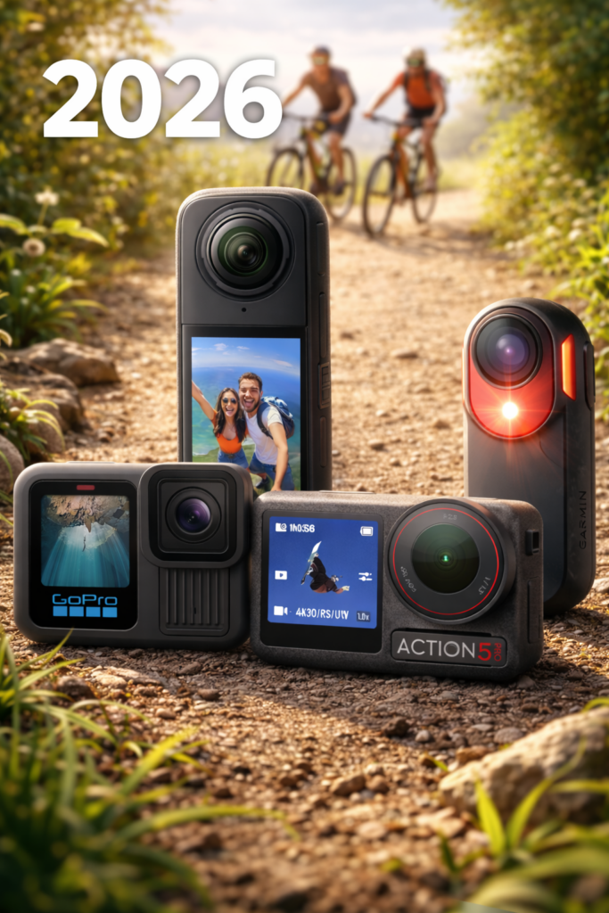 Kamera na rower 2026 – porównanie modeli GoPro, DJI, Insta360 i Garmin na leśnej trasie rowerowej