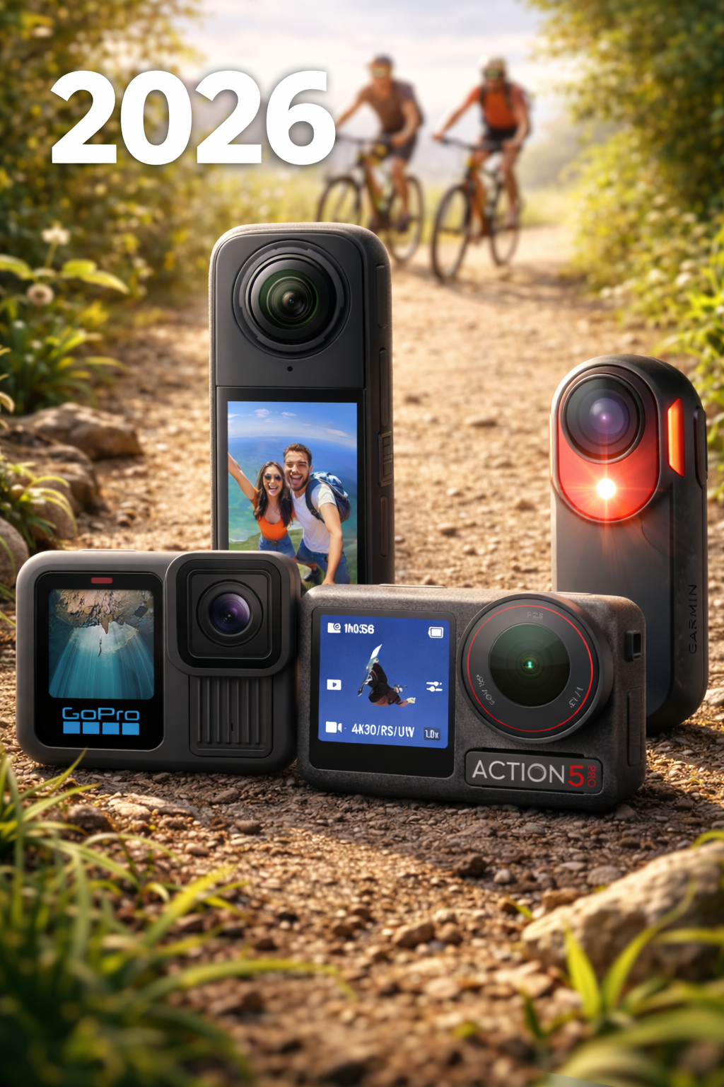 Kamera na rower 2026 – porównanie modeli GoPro, DJI, Insta360 i Garmin na leśnej trasie rowerowej