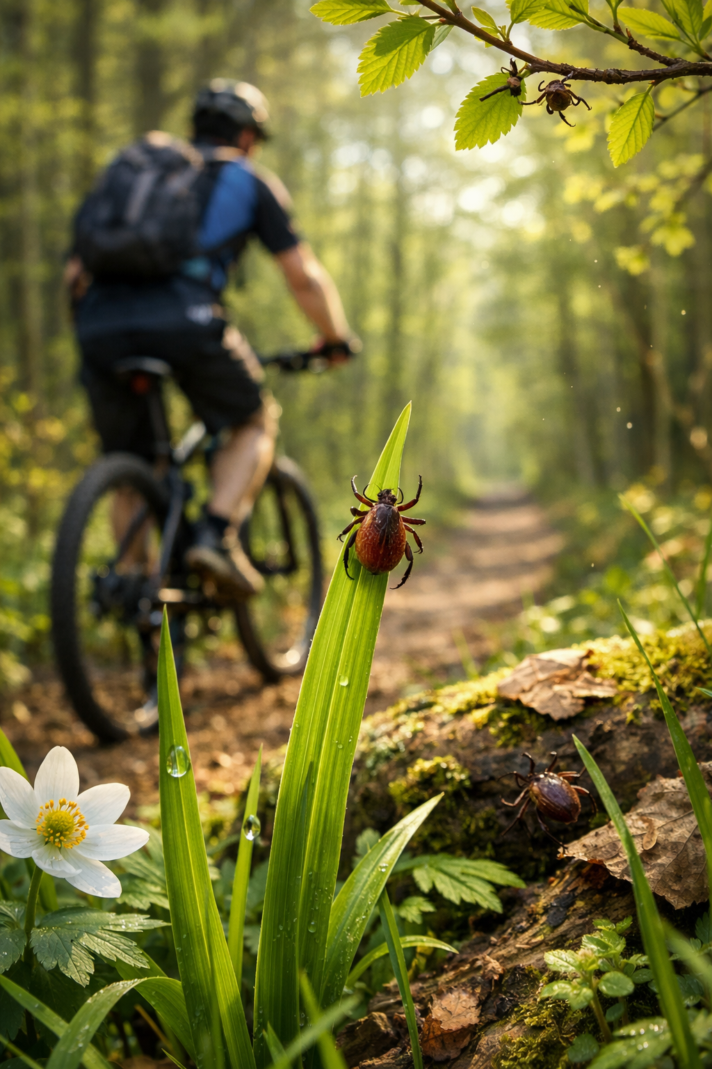 Kleszcze wiosną a jazda na rowerze – rowerzysta jedzie leśną ścieżką wśród wysokiej trawy i krzewów, wiosenna zieleń w tle.