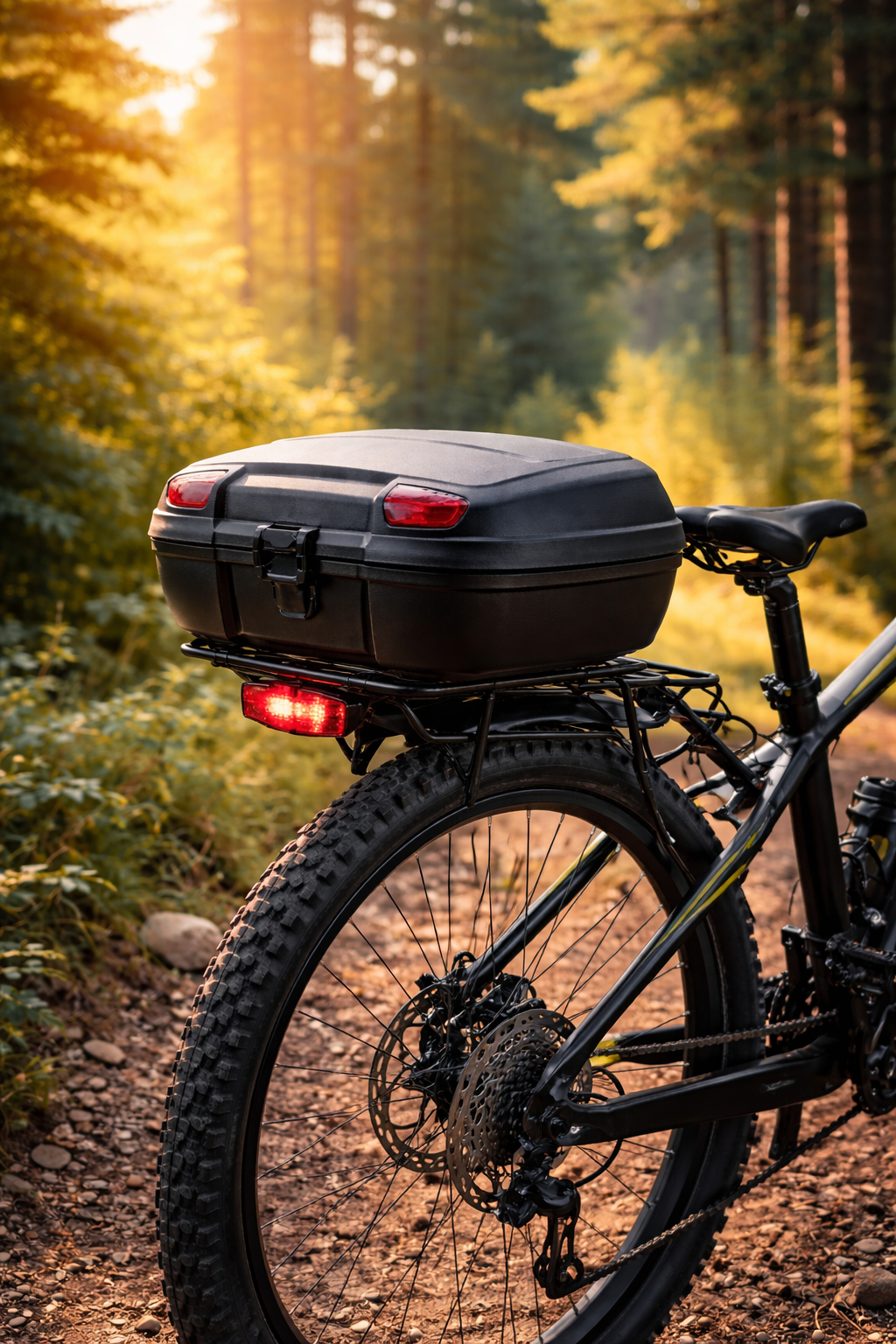 Kufer na bagażnik rowerowy zamontowany na tylnej części roweru górskiego podczas jazdy leśną ścieżką o zachodzie słońca – czarny, wąski model z odblaskami i oświetleniem tylnym, idealny do przewożenia bagażu w trasie.