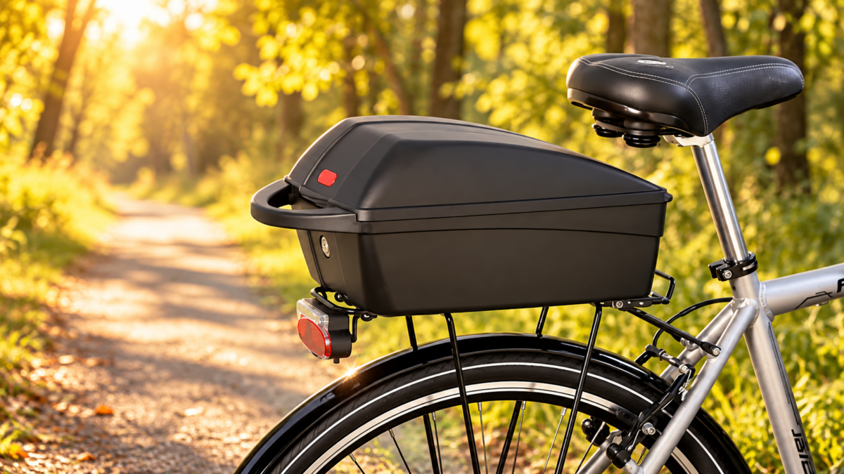 Kufer rowerowy zamontowany na tylnym bagażniku srebrnego roweru na leśnej ścieżce w ciepłym świetle słońca
