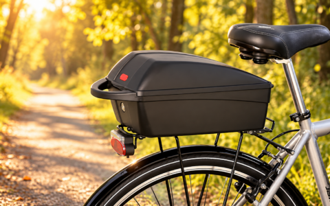 Kufer rowerowy zamontowany na tylnym bagażniku srebrnego roweru na leśnej ścieżce w ciepłym świetle słońca