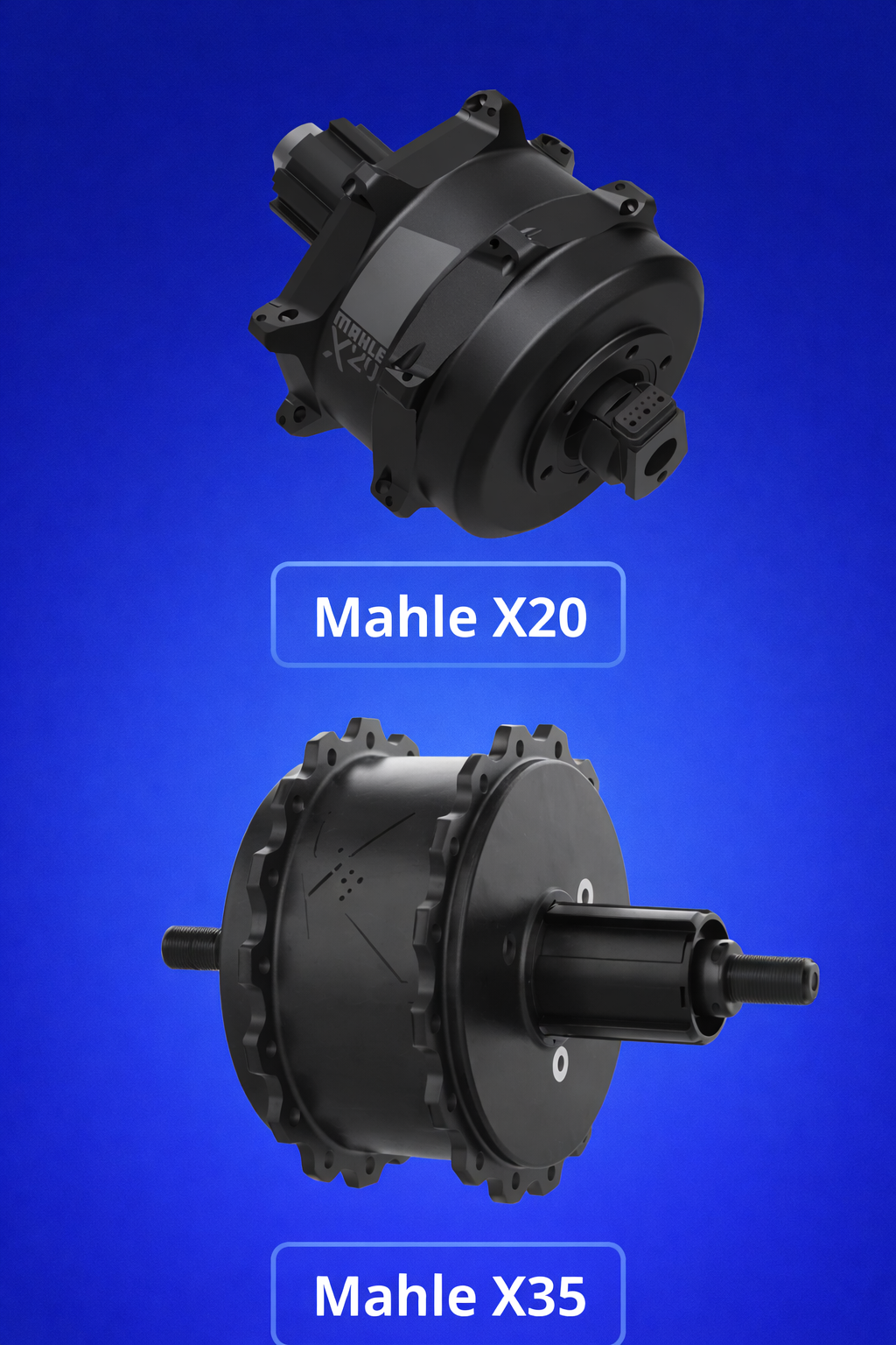 Dwa silniki do roweru elektrycznego Mahle X20 i Mahle X35 na niebieskim tle – porównanie napędów
