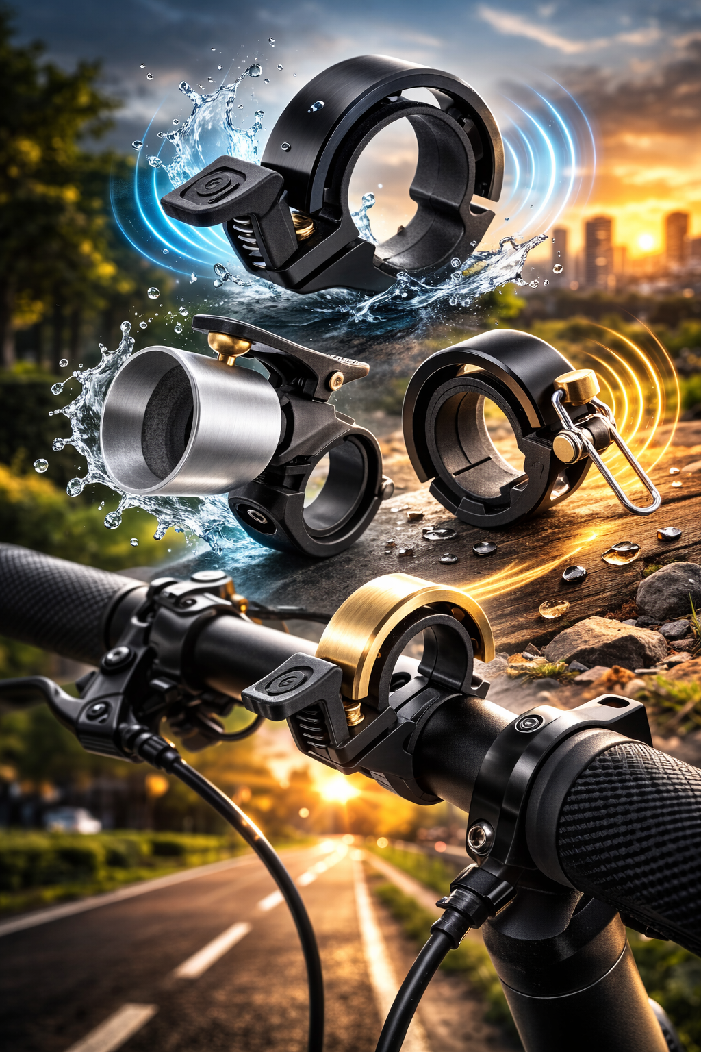 Dzwonki do roweru elektrycznego zamontowane na kierownicy – nowoczesne dzwonki rowerowe z metalu i aluminium na tle miejskiej ścieżki rowerowej