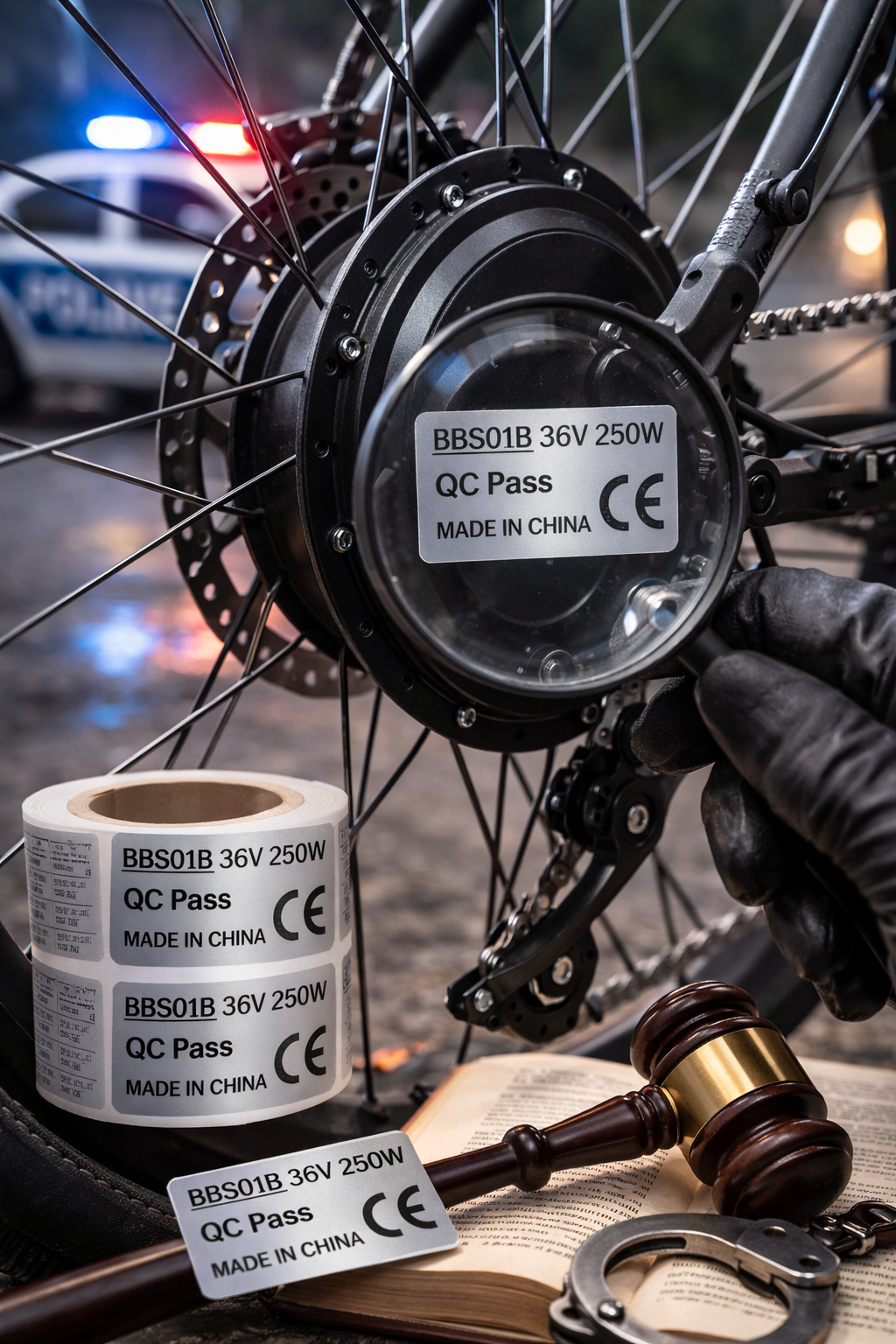 Naklejki 250W na silnik z AliExpress naklejone na tylną piastę roweru elektrycznego – zbliżenie na silnik w piaście podczas kontroli, widoczna etykieta 36V 250W oraz elementy sugerujące konsekwencje prawne.