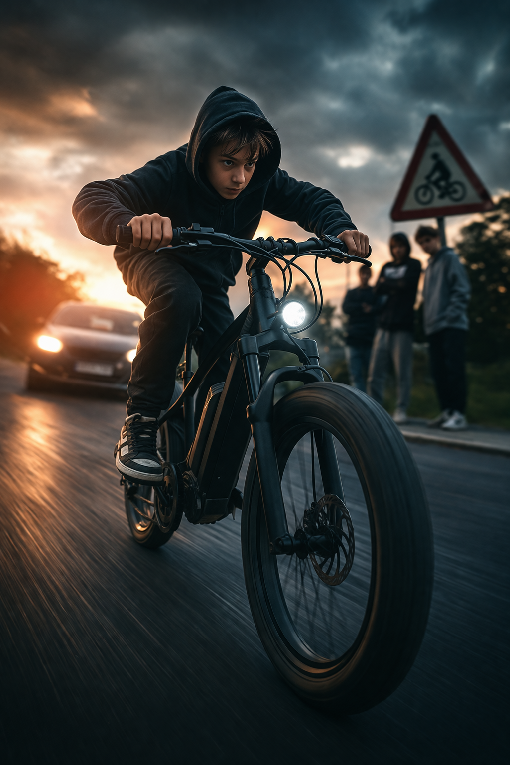 Nieletni jadący szybko na odblokowanym rowerze elektrycznym na drodze – dynamiczna scena z ryzykiem i zagrożeniem bezpieczeństwa