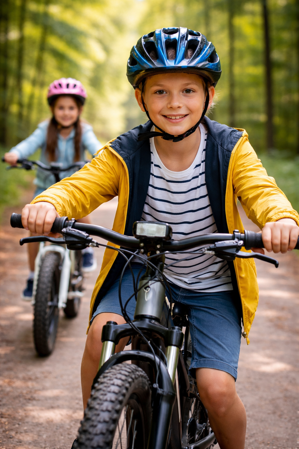 Rower elektryczny dla dzieci – przykład jazdy dziecka na e-bike'u w kasku zgodnie z przepisami