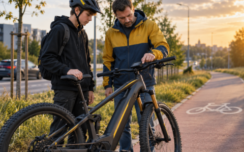 Ojciec i nastolatek przy rowerze elektrycznym na drodze rowerowej – odblokowany rower elektryczny a przepisy