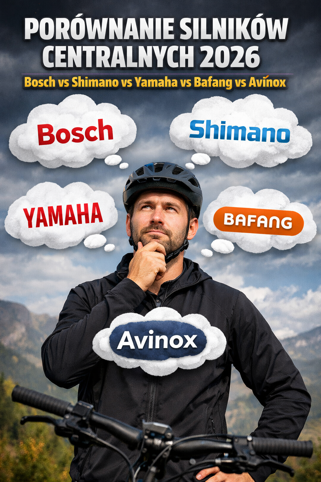 Okładka artykułu Porównanie silników centralnych 2026 – mężczyzna z rowerem elektrycznym i chmurkami z nazwami Bosch, Shimano, Yamaha, Bafang i Avinox