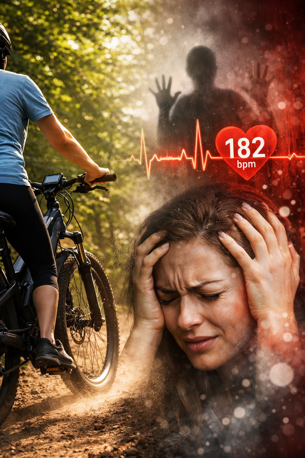 Rower elektryczny a zaburzenia lękowe – kontrast między spokojną jazdą e-bike’em w lesie a wizualizacją objawów paniki i przyspieszonego tętna