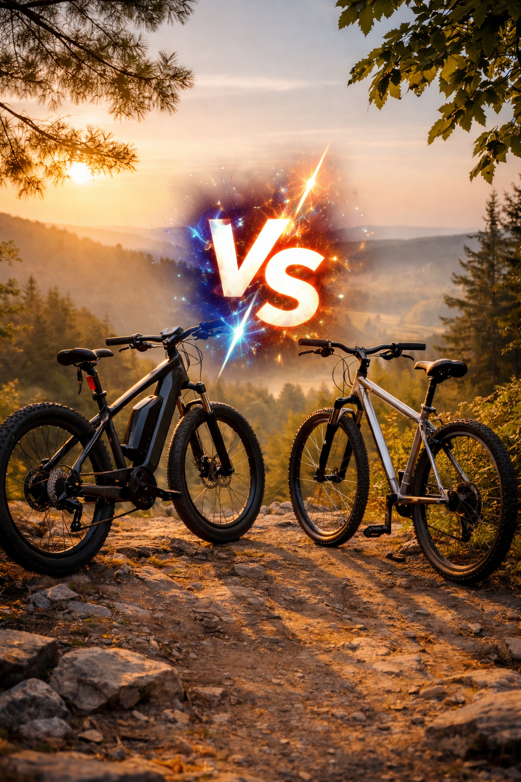 Rower elektryczny czy zwykły? Porównanie e-bike i tradycyjnego roweru stojących naprzeciw siebie na górskim szlaku o zachodzie słońca z symbolem VS pośrodku, wizualizacja różnic technologicznych i użytkowych.