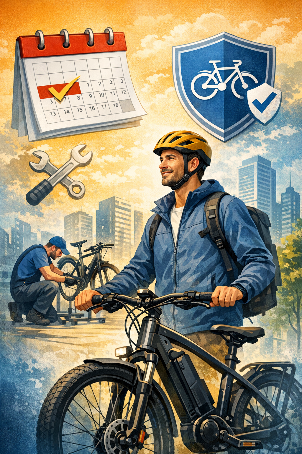 Rower elektryczny na abonament miesięczny w mieście, użytkownik z e-bike’em, serwis rowerowy i symbole ubezpieczenia oraz wygodnej subskrypcji.