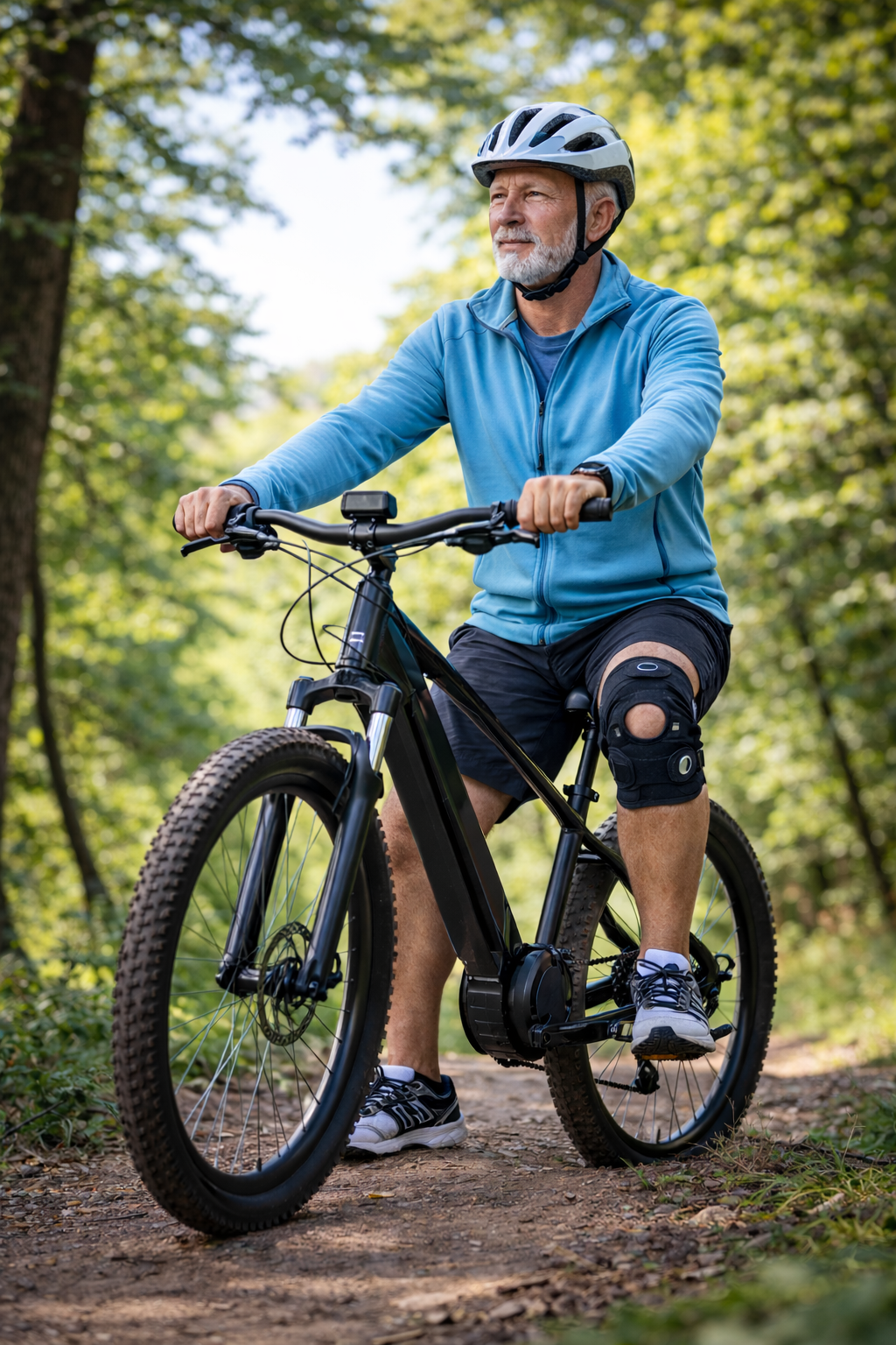 Rower elektryczny po operacji kolana – starszy mężczyzna w kasku jedzie na e-bike z ortezą kolana na leśnej ścieżce