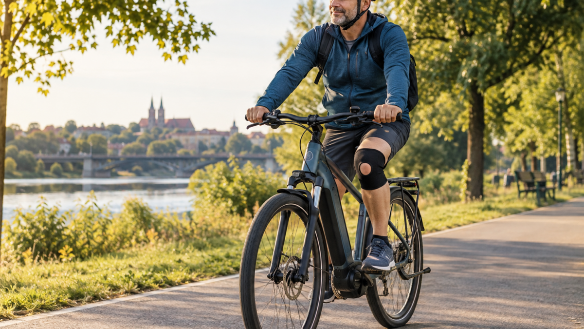 Mężczyzna jadący na rowerze elektrycznym po operacji kolana – powrót do jazdy i rehabilitacja