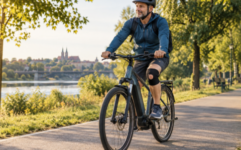 Mężczyzna jadący na rowerze elektrycznym po operacji kolana – powrót do jazdy i rehabilitacja