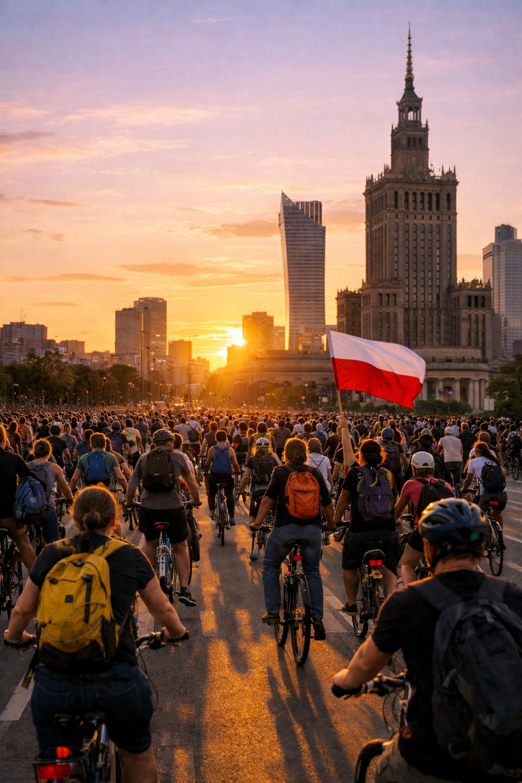 Rowerowa masa krytyczna w centrum miasta – duża grupa rowerzystów jadących wspólnie ulicą, widok z poziomu jezdni, ruch miejski i zabudowa miejska w tle