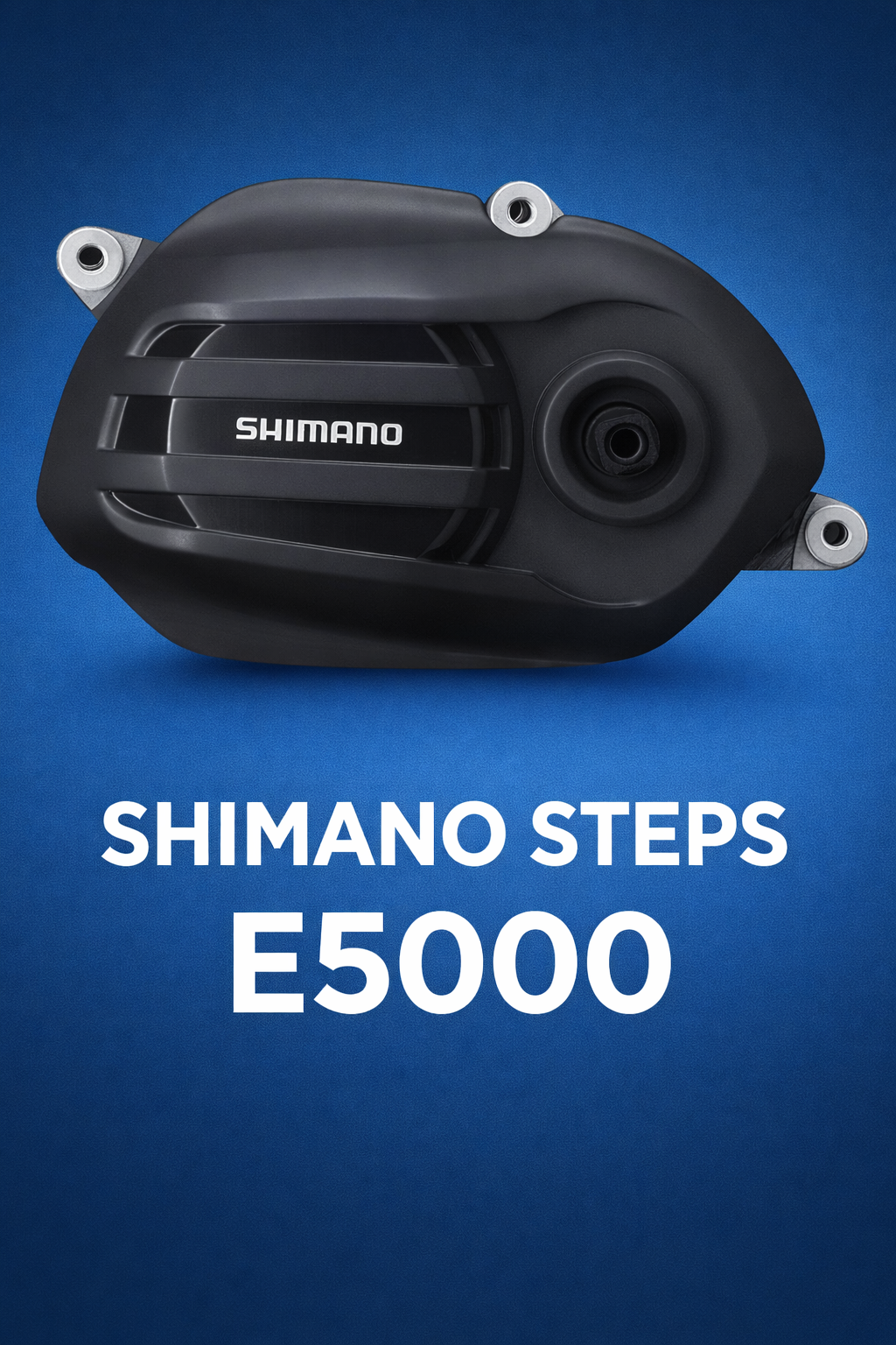 Silnik Shimano Steps E5000 – napęd centralny do roweru elektrycznego na niebieskim tle, okładka artykułu o silniku Shimano Steps E5000