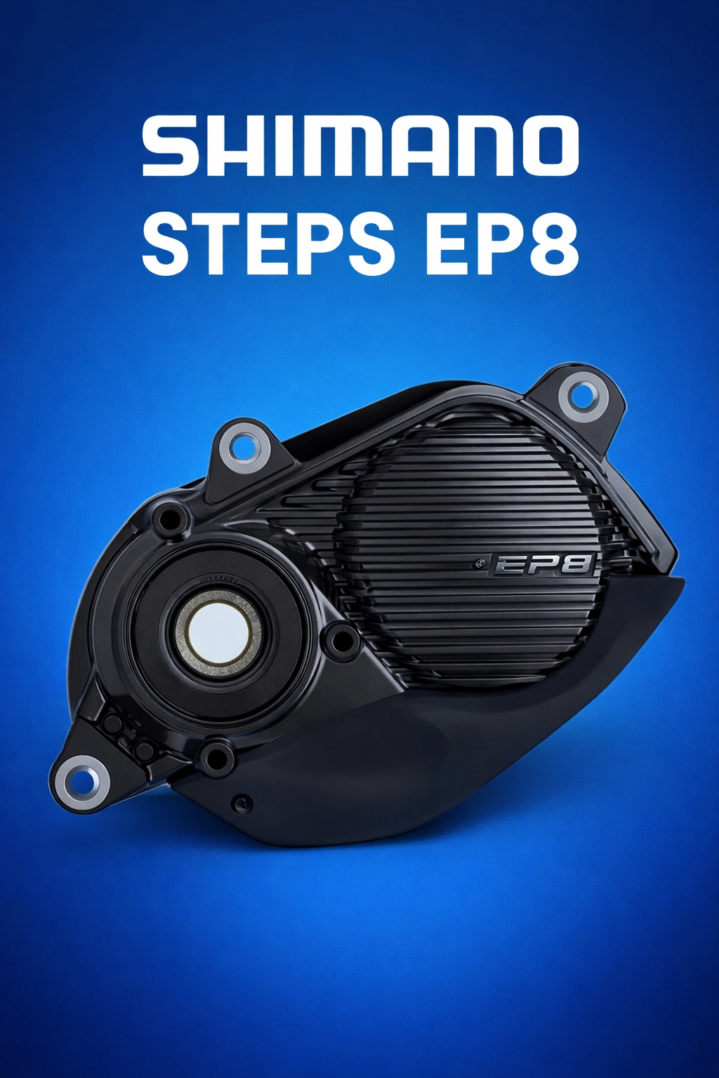 Shimano Steps EP8 – silnik centralny do roweru elektrycznego e-MTB na niebieskim tle, okładka artykułu o specyfikacji napędu