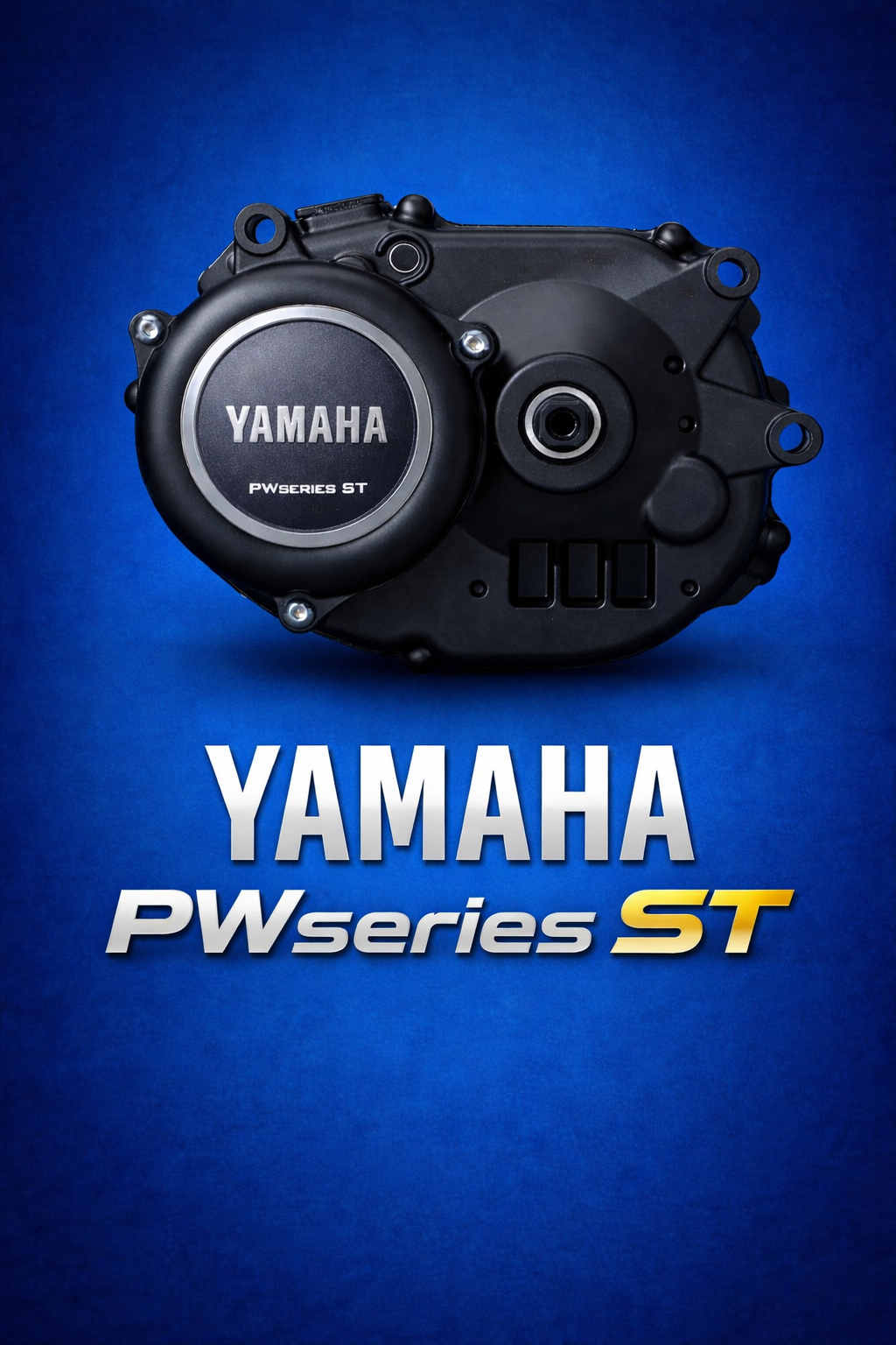 silnik Yamaha PW-ST – napęd centralny do roweru elektrycznego na niebieskim tle, pionowa okładka artykułu