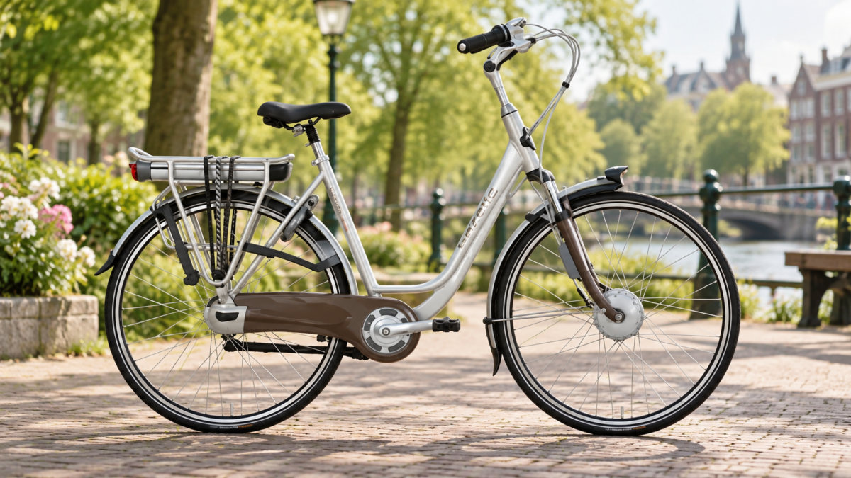 srebrny rower elektryczny Gazelle typu miejskiego nad kanałem w zielonym miejskim otoczeniu
