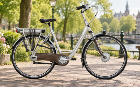srebrny rower elektryczny Gazelle typu miejskiego nad kanałem w zielonym miejskim otoczeniu