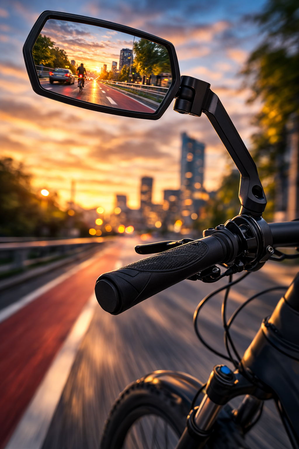Lusterko do roweru elektrycznego zamontowane na kierownicy – widok drogi i rowerzysty w odbiciu lusterka podczas jazdy w mieście