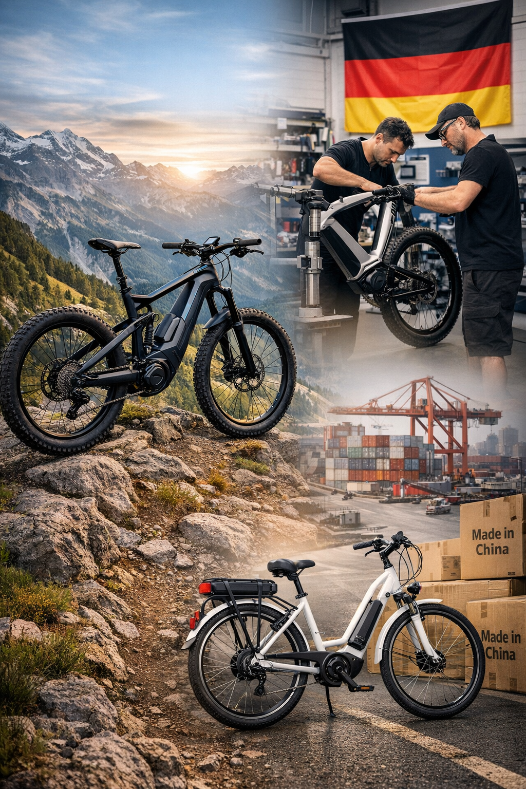 Najpopularniejsze niemieckie marki rowerów elektrycznych na grafice przedstawiającej rowery premium i budżetowe