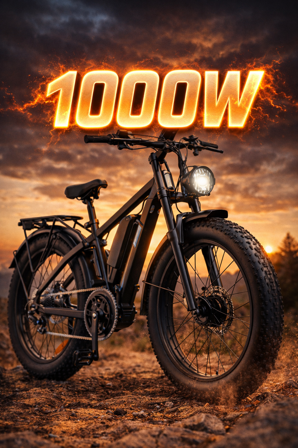 Silnik 1000W w rowerze elektrycznym – czarny fat-bike z grubymi oponami i baterią w ramie stojący na kamienistej drodze o zachodzie słońca, nad rowerem napis 1000W.