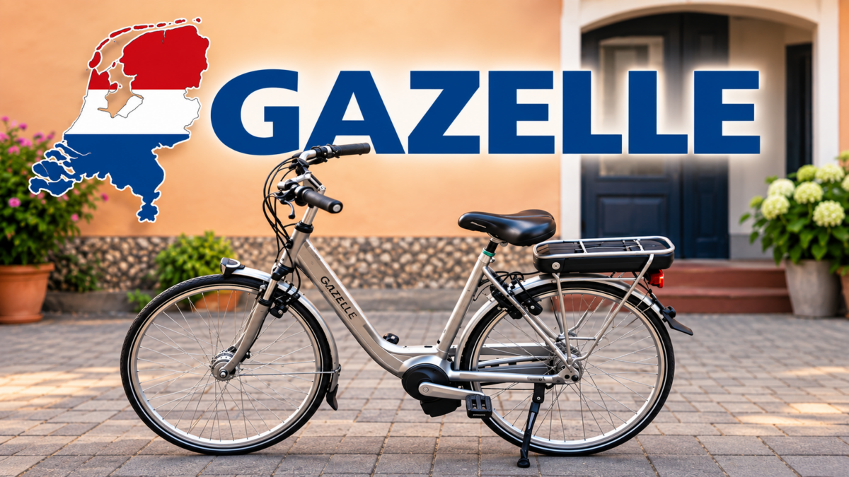 Gazelle rower elektryczny z Holandii na tle domu i mapy Holandii
