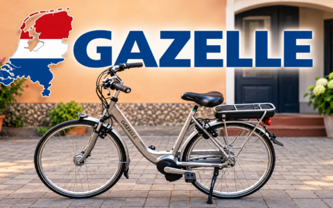 Gazelle rower elektryczny z Holandii na tle domu i mapy Holandii