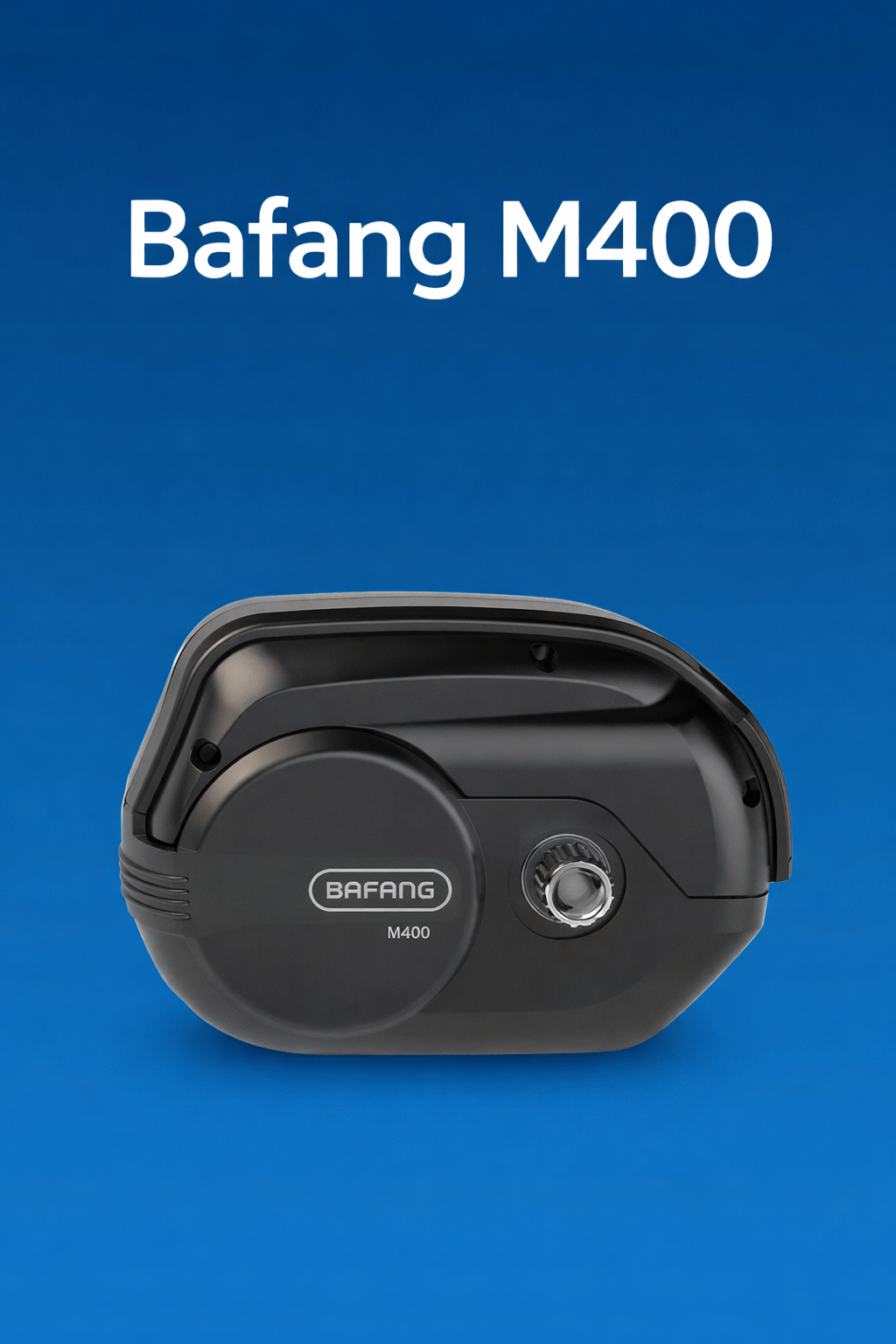 Silnik Bafang M400 Max Drive – centralny napęd do roweru elektrycznego na niebieskim tle, widok jednostki mid-drive