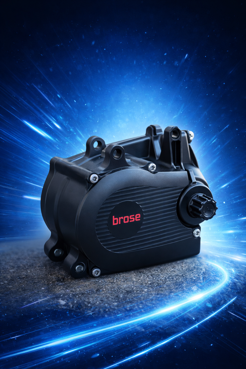 Silniki Brose do rowerów elektrycznych – centralny napęd e-bike na niebieskim tle prezentujący konstrukcję silnika Brose