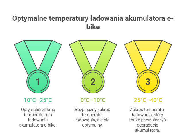 Infografika przedstawiająca optymalne temperatury ładowania akumulatora e-bike – trzy zakresy: 10–25°C optymalny, 0–10°C bezpieczny oraz 25–40°C zwiększający degradację baterii.