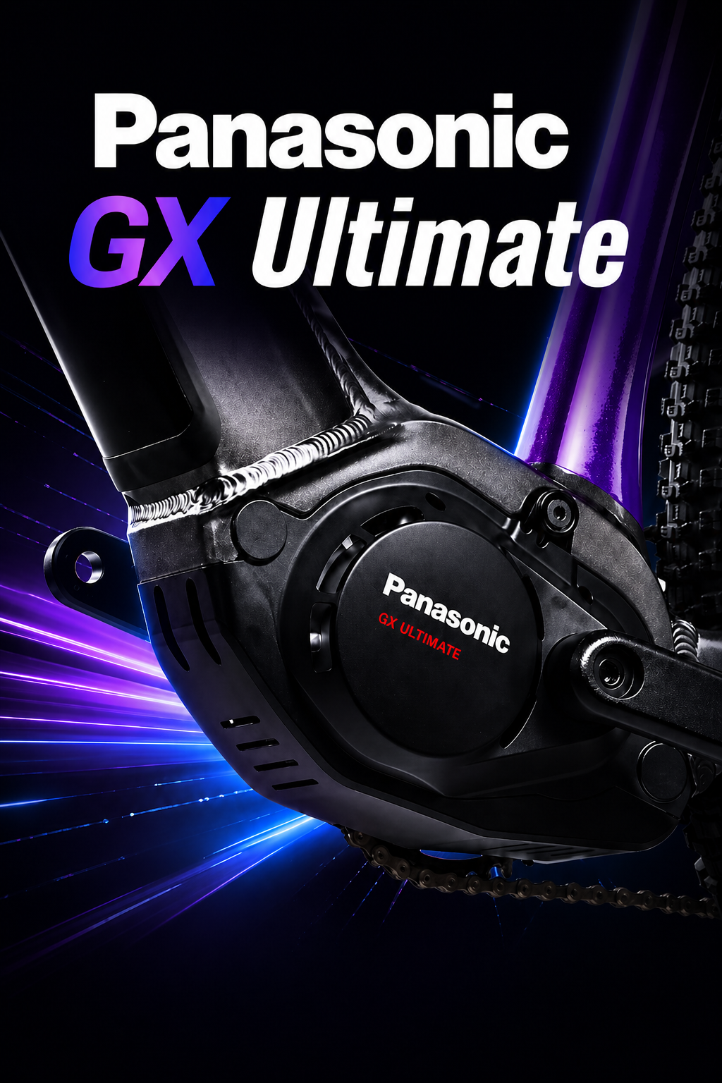Panasonic GX Ultimate – silnik centralny do roweru elektrycznego na dynamicznej okładce zbliżeniowej, czarna obudowa i fioletowa rama e-bike’a