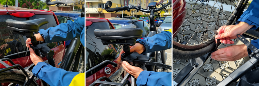 Mocowanie roweru na platformie Spinder TX2 LED za pomocą pasków przy sztycy i kole