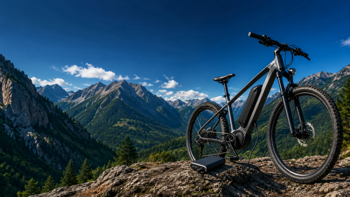 Okładka artykułu przedstawiająca rower elektryczny w naturalnej scenerii oraz temat ładowania roweru elektrycznego powerbankiem – czy można doładować e-bike w trasie.