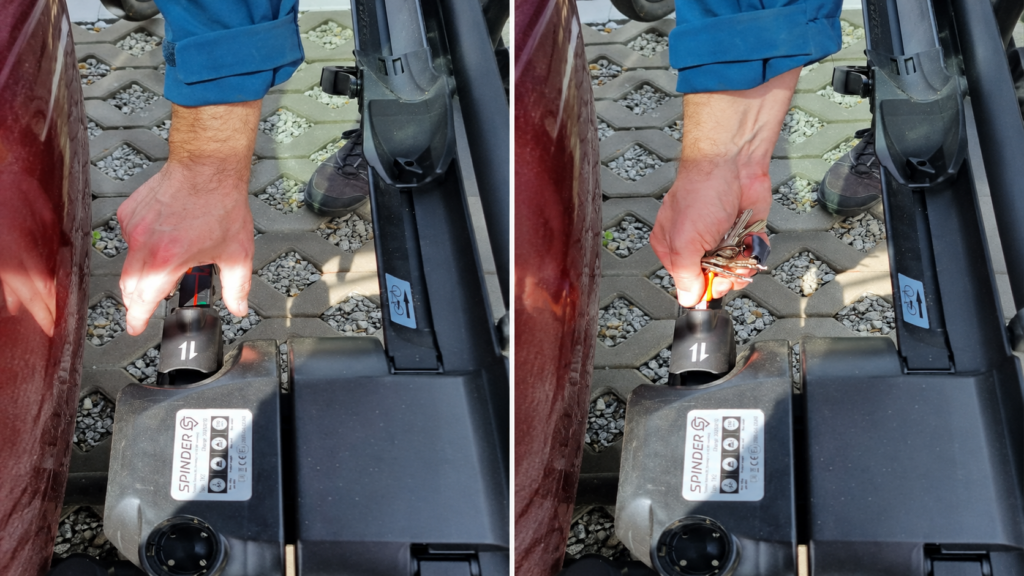 Blokada antykradzieżowa platformy rowerowej Spinder TX2 LED zamykana kluczykiem przy haku samochodu