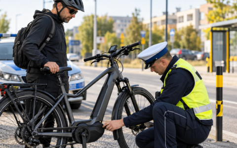 Policjant kontroluje rower elektryczny na ulicy i sprawdza napęd oraz parametry techniczne pojazdu podczas kontroli drogowej.