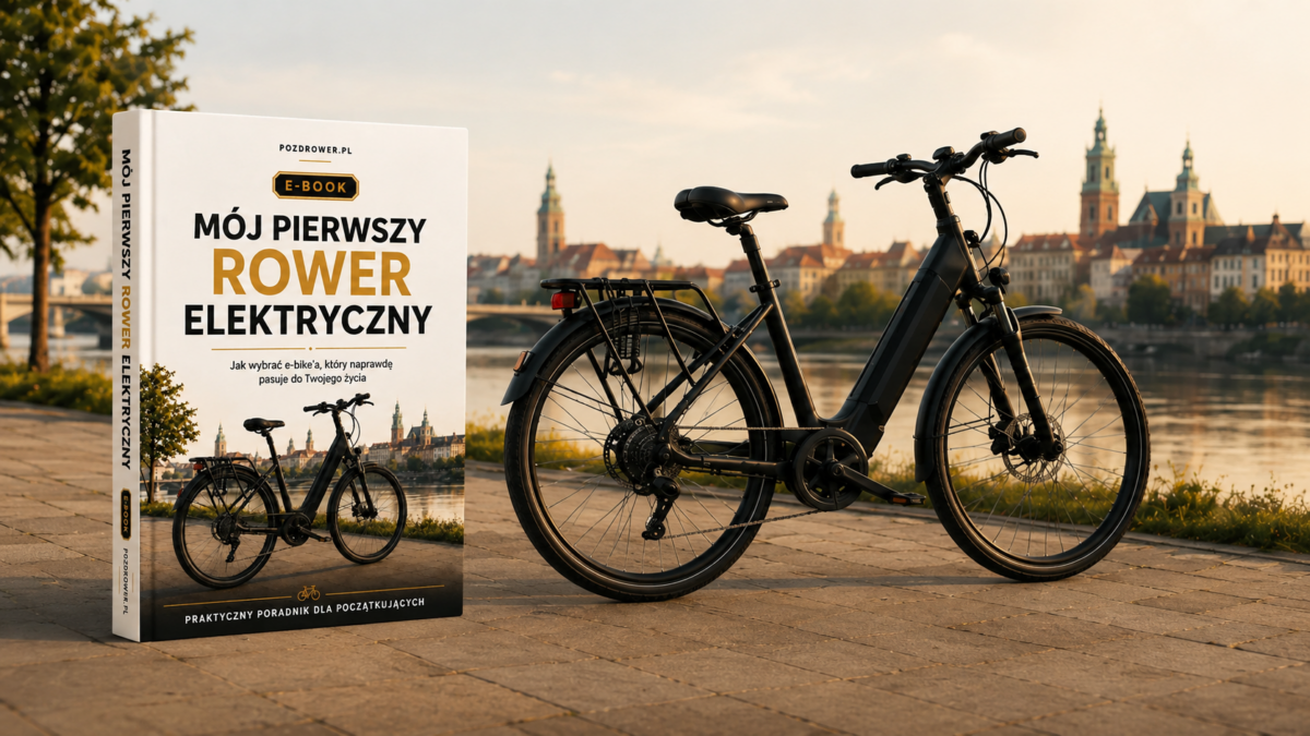 E-book „Mój pierwszy rower elektryczny” – praktyczny poradnik dla początkujących, okładka książki i czarny rower elektryczny