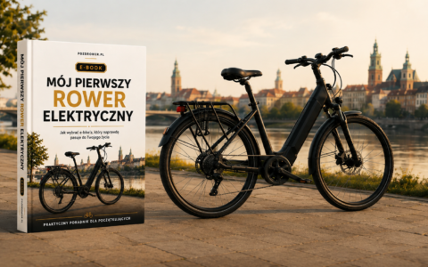 E-book „Mój pierwszy rower elektryczny” – praktyczny poradnik dla początkujących, okładka książki i czarny rower elektryczny